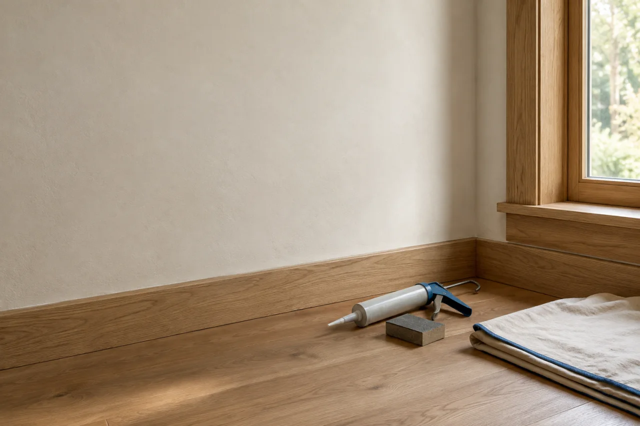 Illustrative image: close-up of wood trim, an unbranded caulking tool and surface preparation materials.