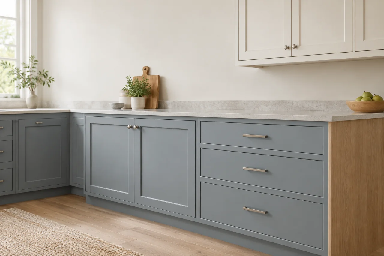 Illustrative image: close-up of neutral painted cabinet doors, wood grain and a stone countertop in a sunlit kitchen.