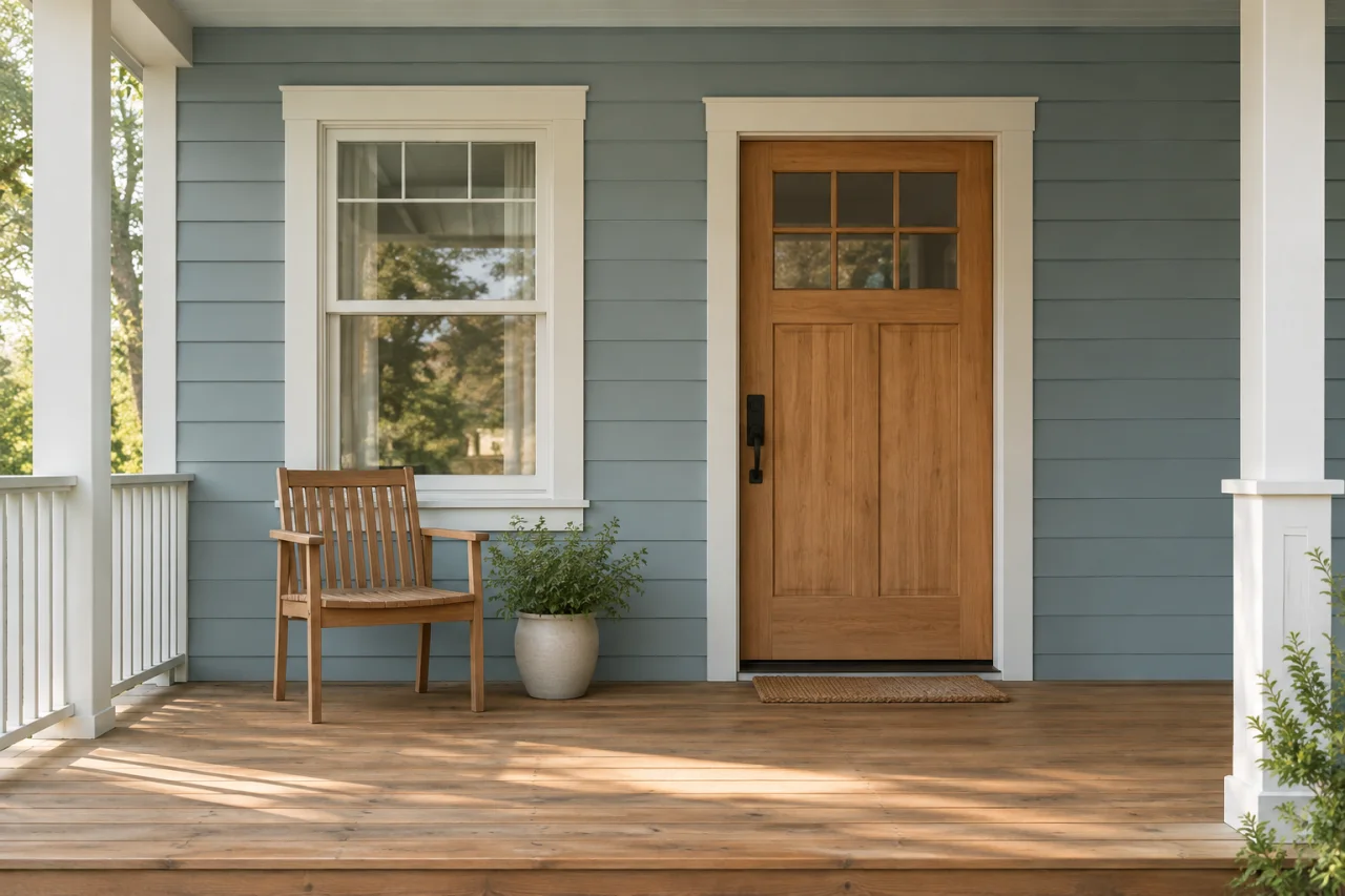 Illustrative image: sunlit residential porch with painted trim and natural wood details.
