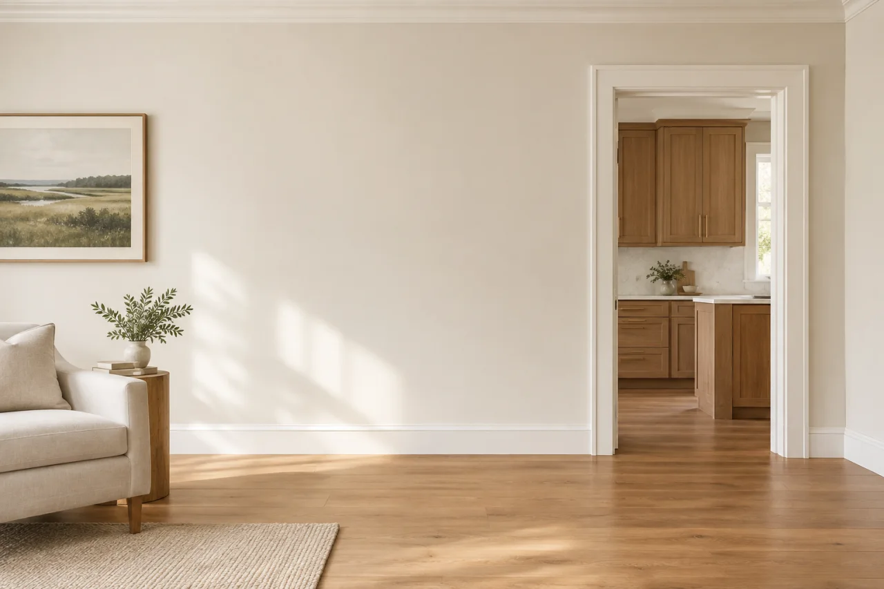 Illustrative image: residential interior showing walls and trim in natural light.