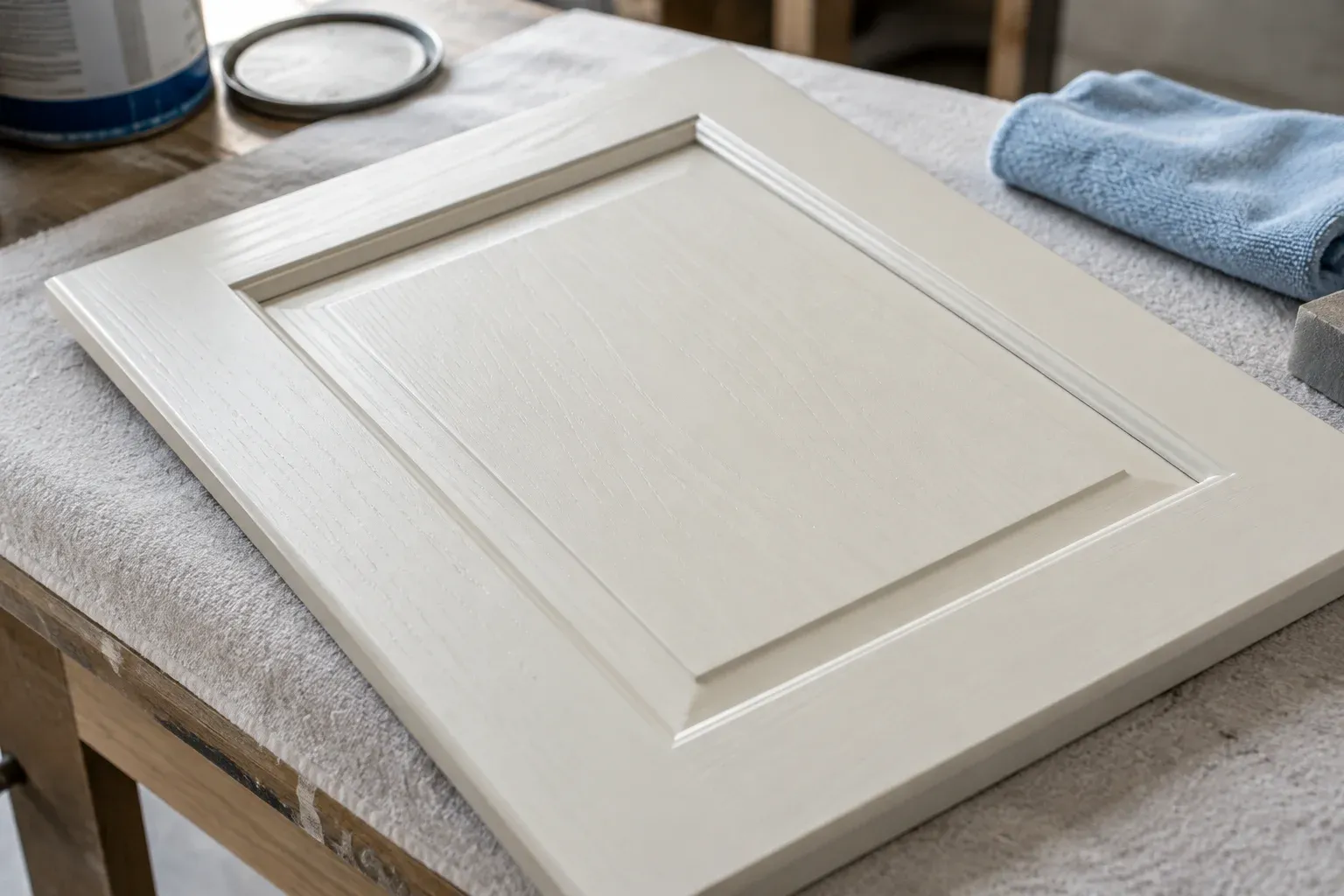 Close view of subtle oak grain and a clean recessed profile on a painted cabinet sample door.