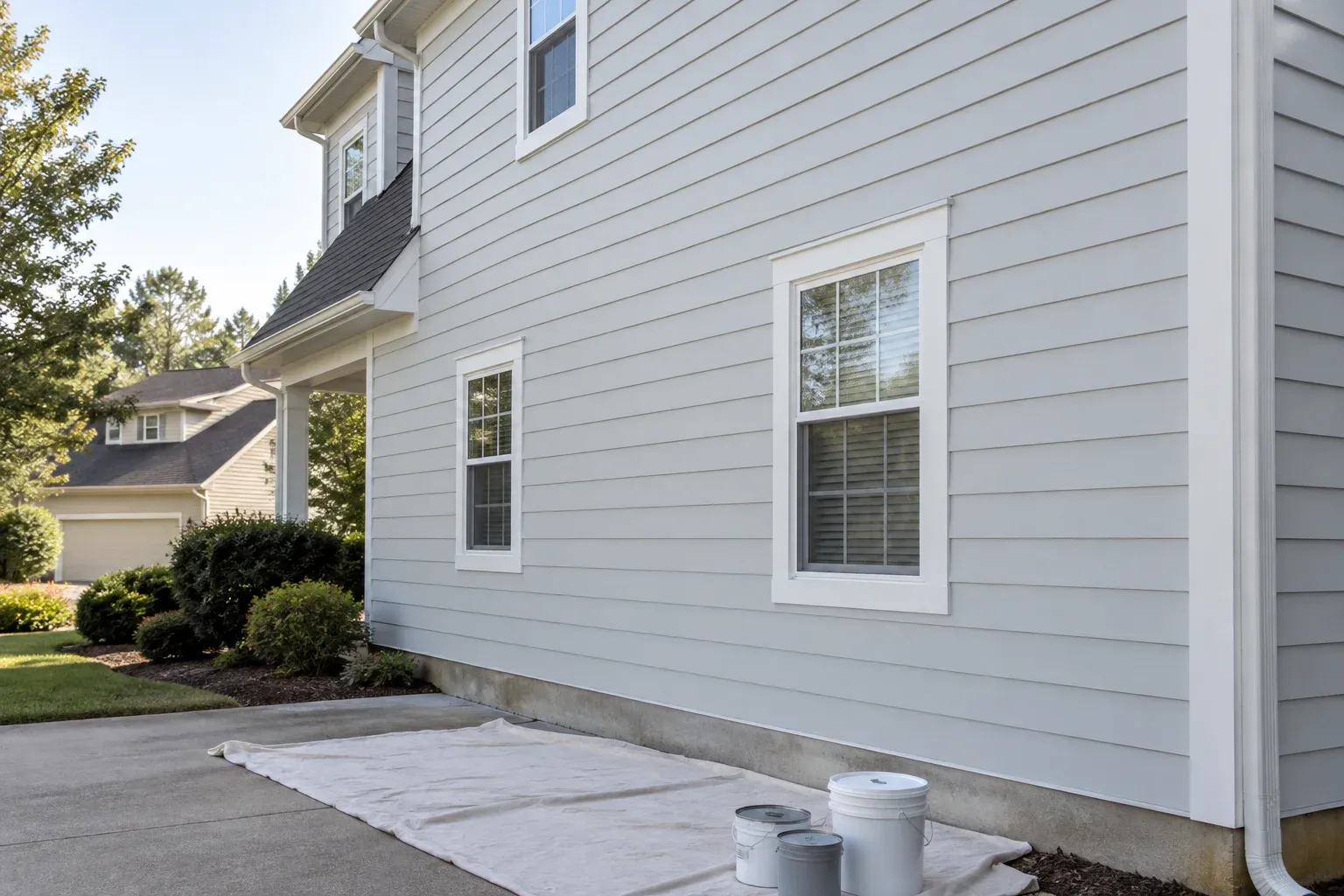 Illustrative house exterior with primed horizontal siding and white trim before final painting.