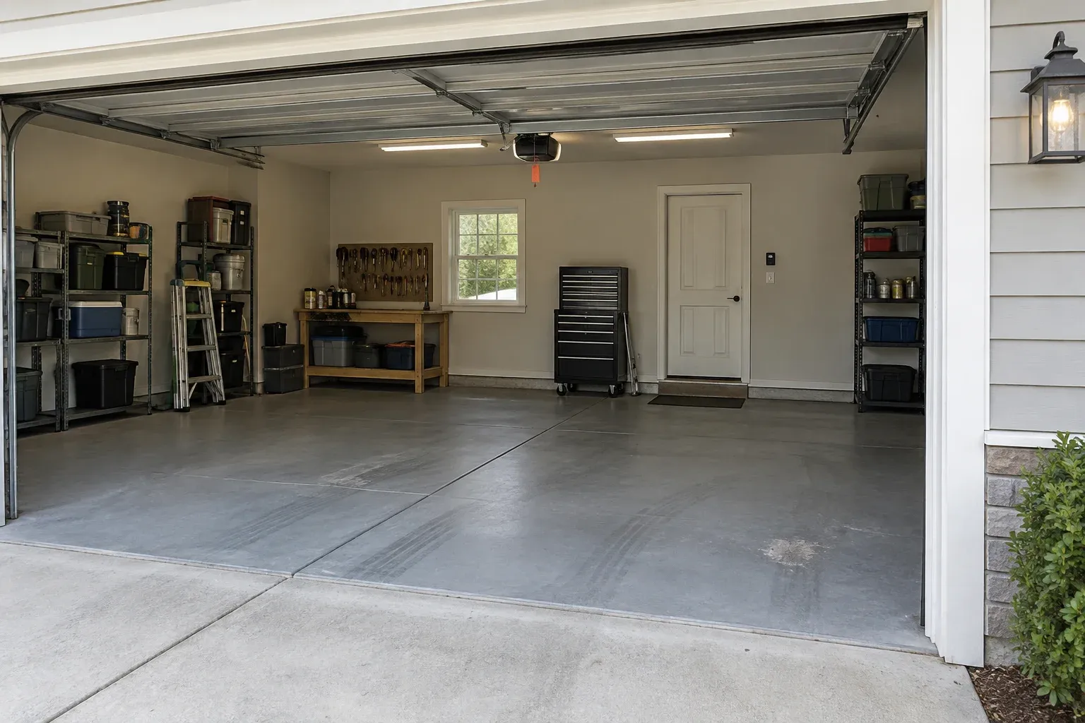 Residential garage with dusty tire tracks and a small worn area on a gray coated concrete floor.