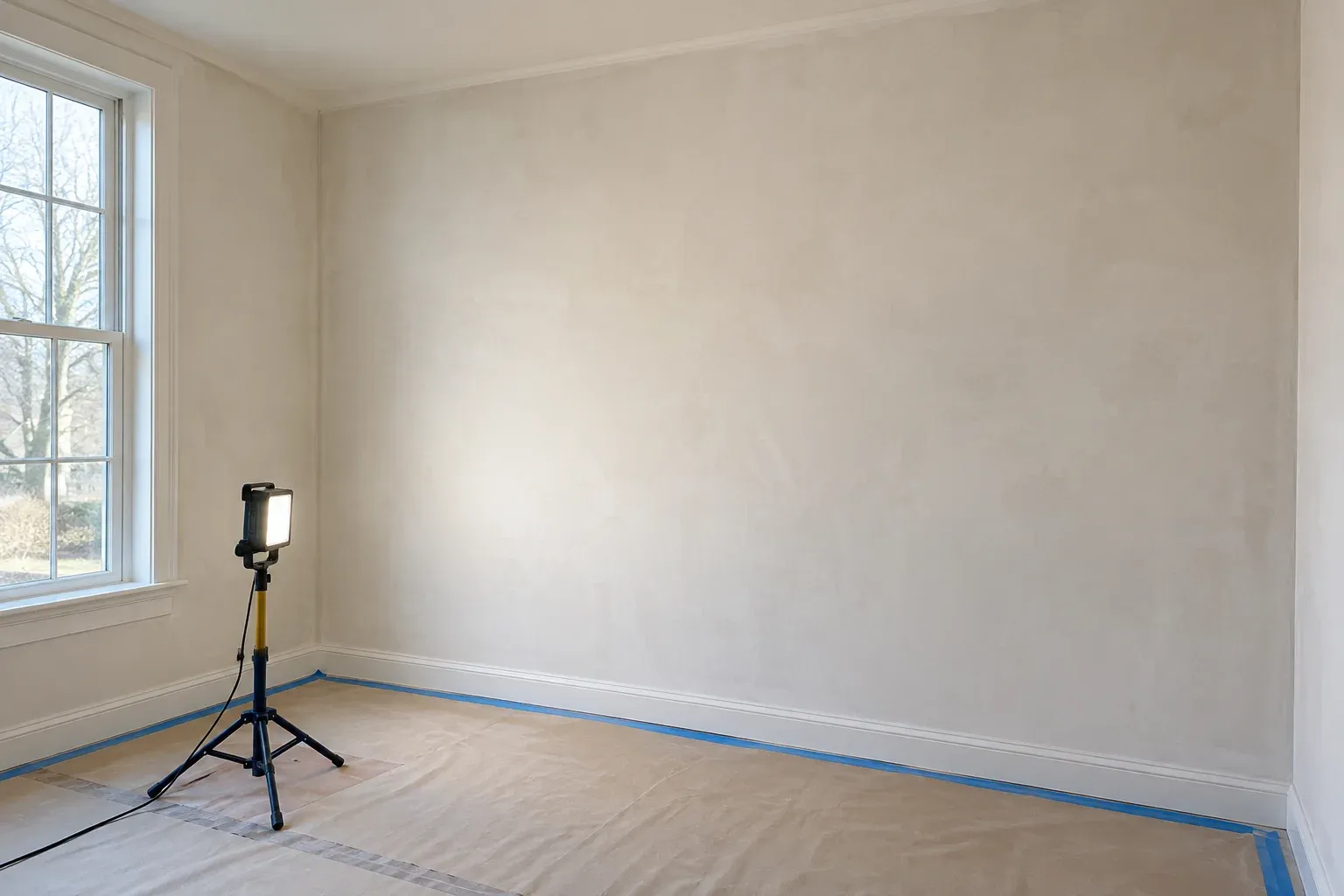 A continuous skim-coated wall is viewed under window light before priming.