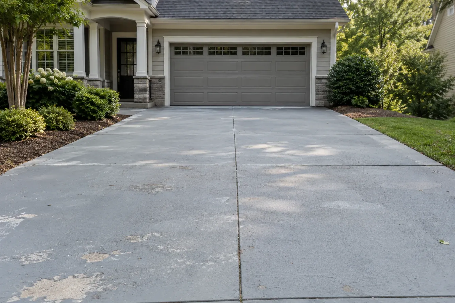 Concrete residential driveway with a weathered gray finish awaiting assessment before recoating.
