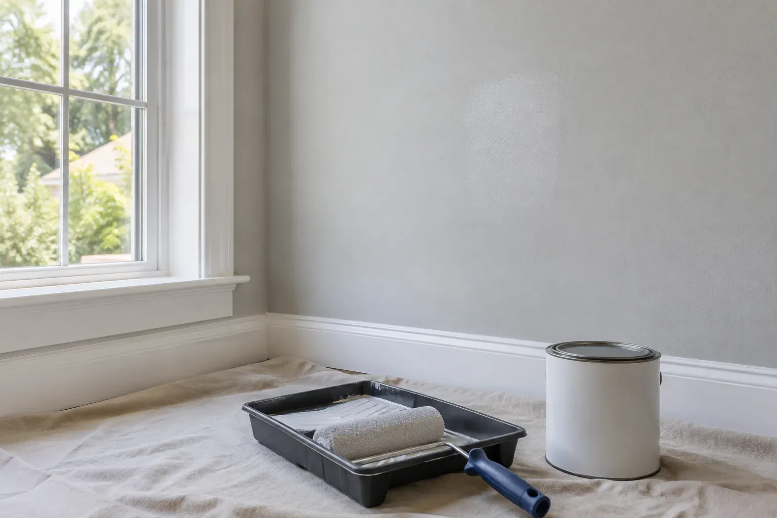 Small dry touch-up patch on a pale gray wall viewed in side light, with painting tools on a drop cloth.