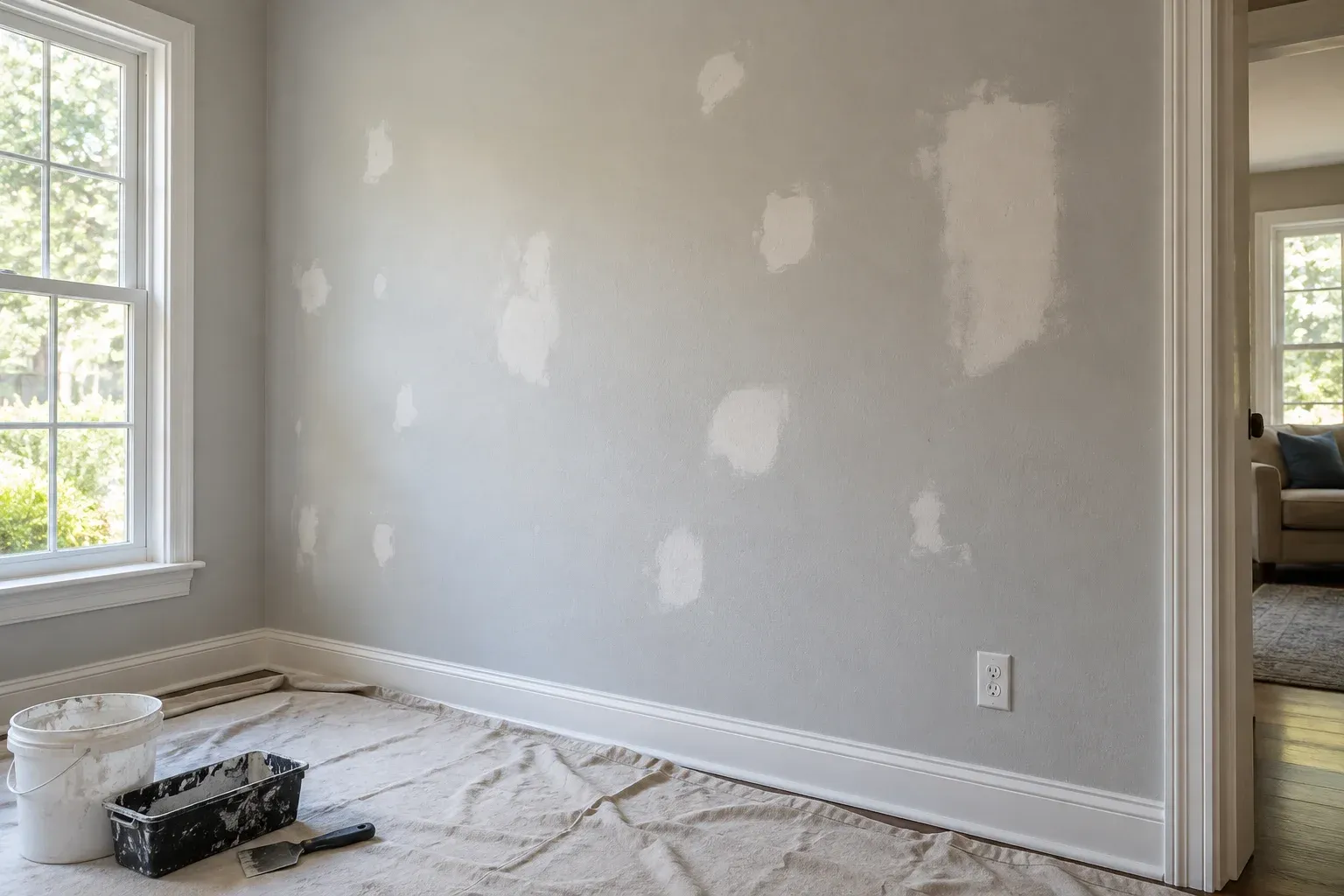 Side light reveals several old drywall patches on a living room wall before repainting.