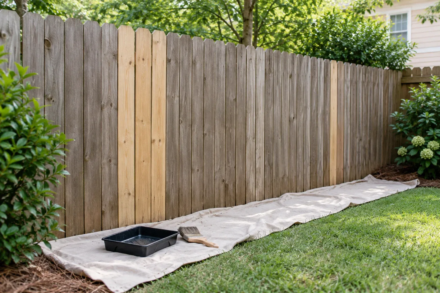 Pale replacement boards among older gray-brown fence pickets, with a drop cloth, empty stain tray and brush at the base.