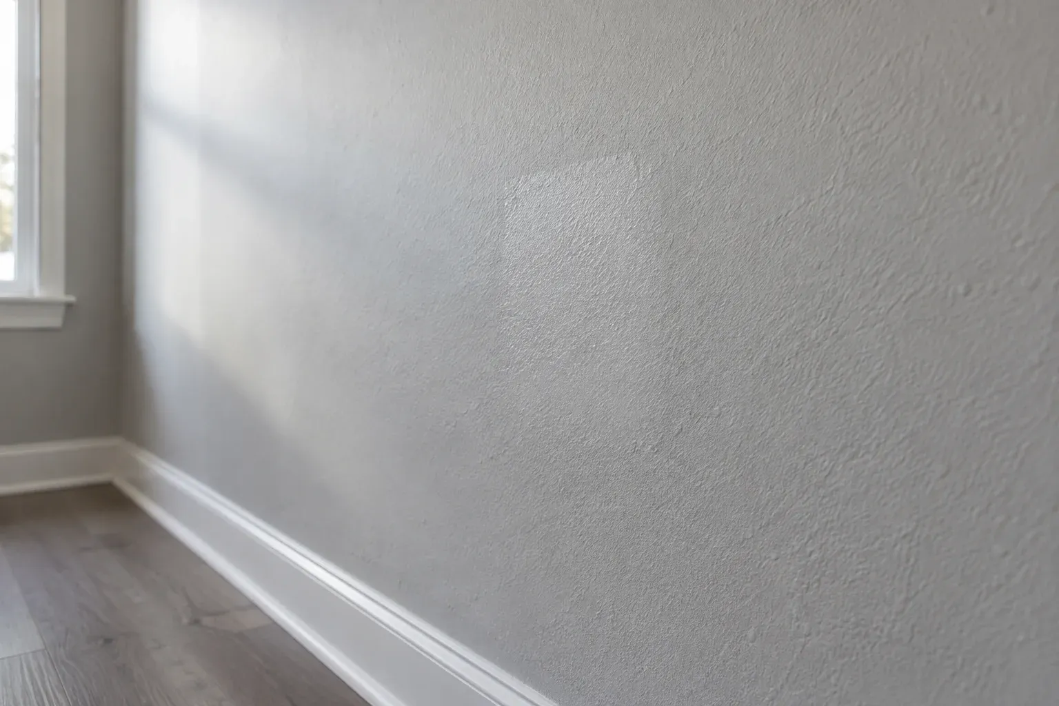 Side lighting reveals a subtle sheen difference around a small wall touch-up.