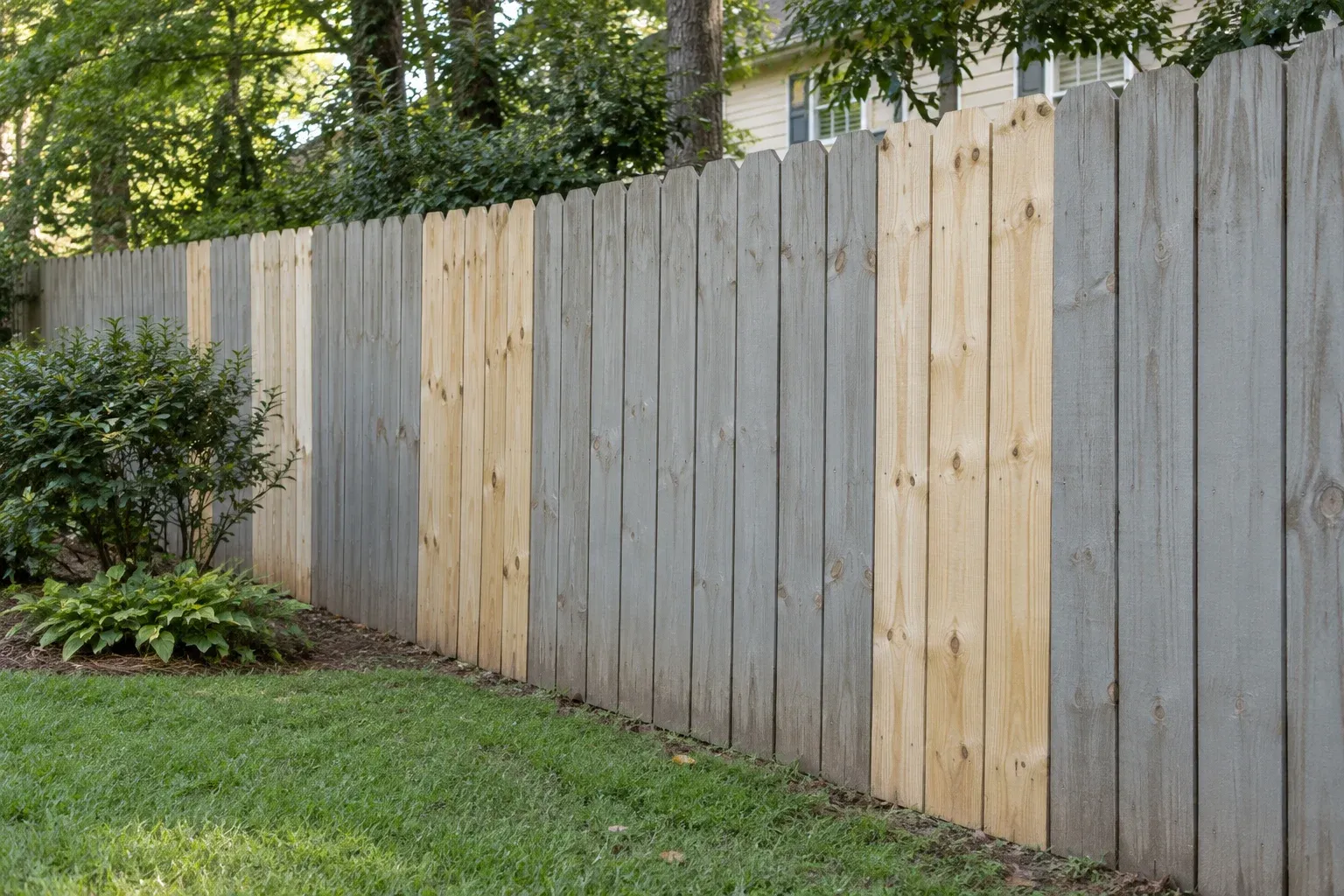 Illustrative backyard fence with pale replacement pickets beside older gray-painted boards.