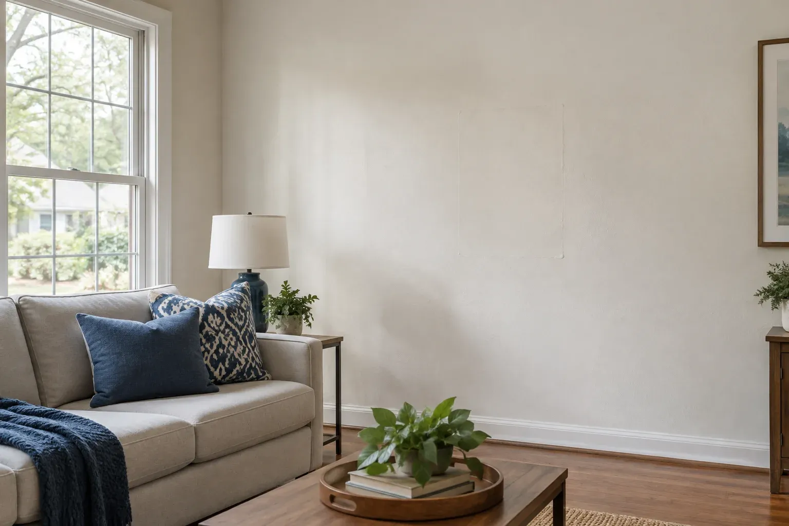 Window light reveals a subtle old repair outline on a painted living room wall.