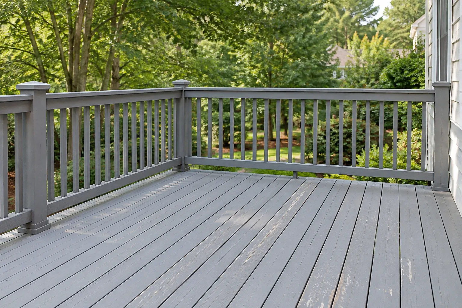 Illustrative gray-painted wood deck with localized floor wear and better-preserved paint on a continuous railing, surrounded by leafy trees.