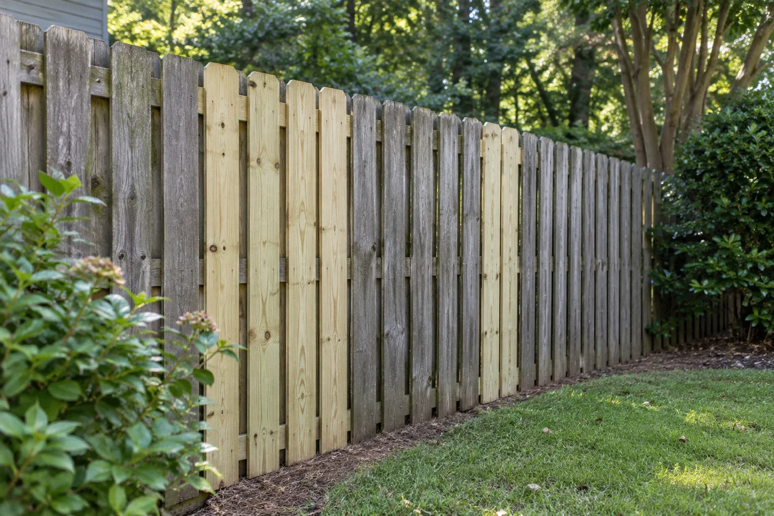 Wooden backyard fence with pale replacement pickets beside older weathered boards.