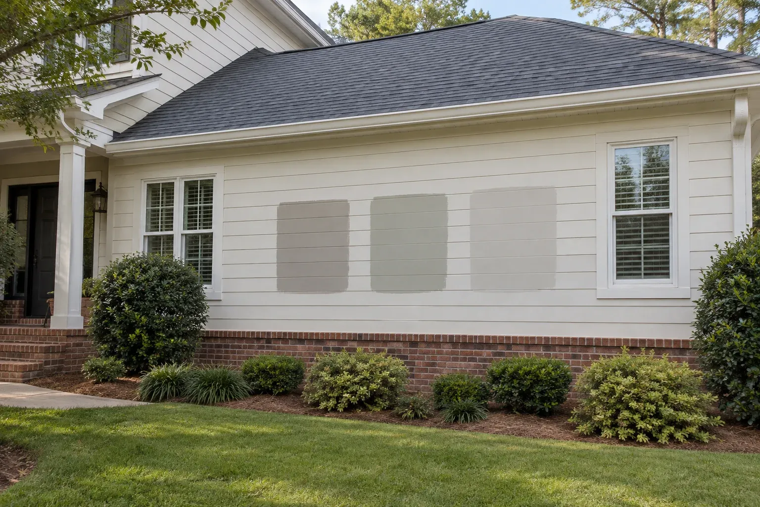 Broad neutral paint samples on lap siding beneath a dark roof and beside red-brown brick.