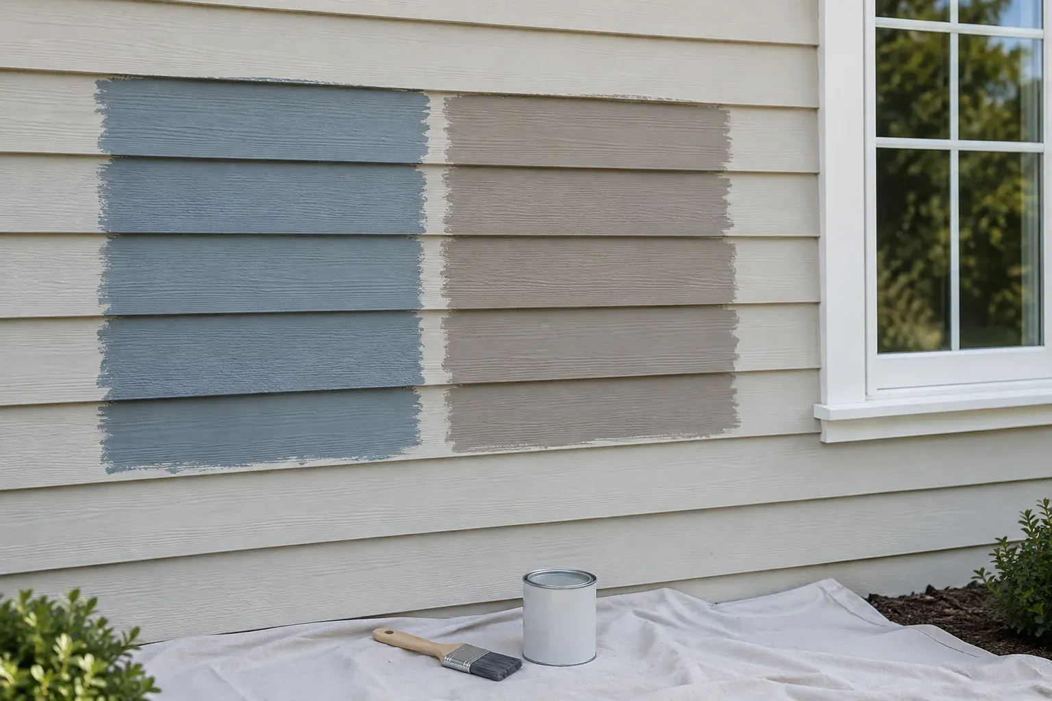 Two exterior paint samples spanning several siding boards beside white window trim.