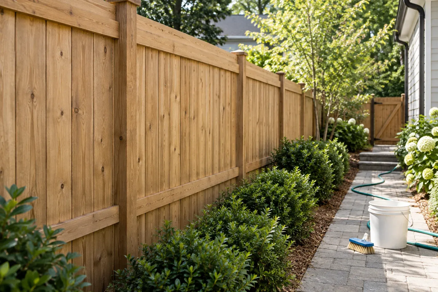 Wood fence beside a clear paved work area with a hose, bucket and soft-bristle brush.
