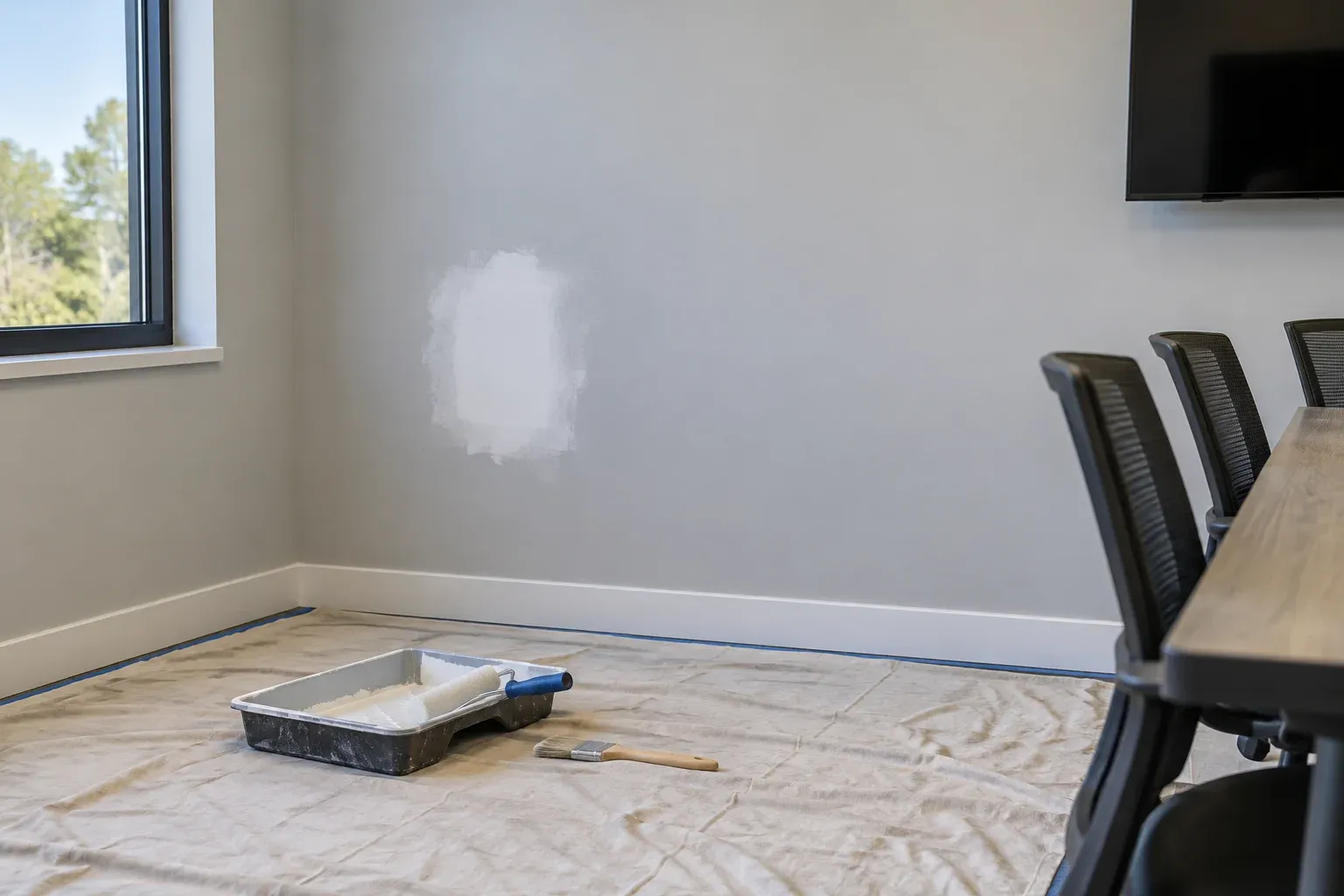 Prepared and primed drywall patch with painting tools and floor protection nearby.