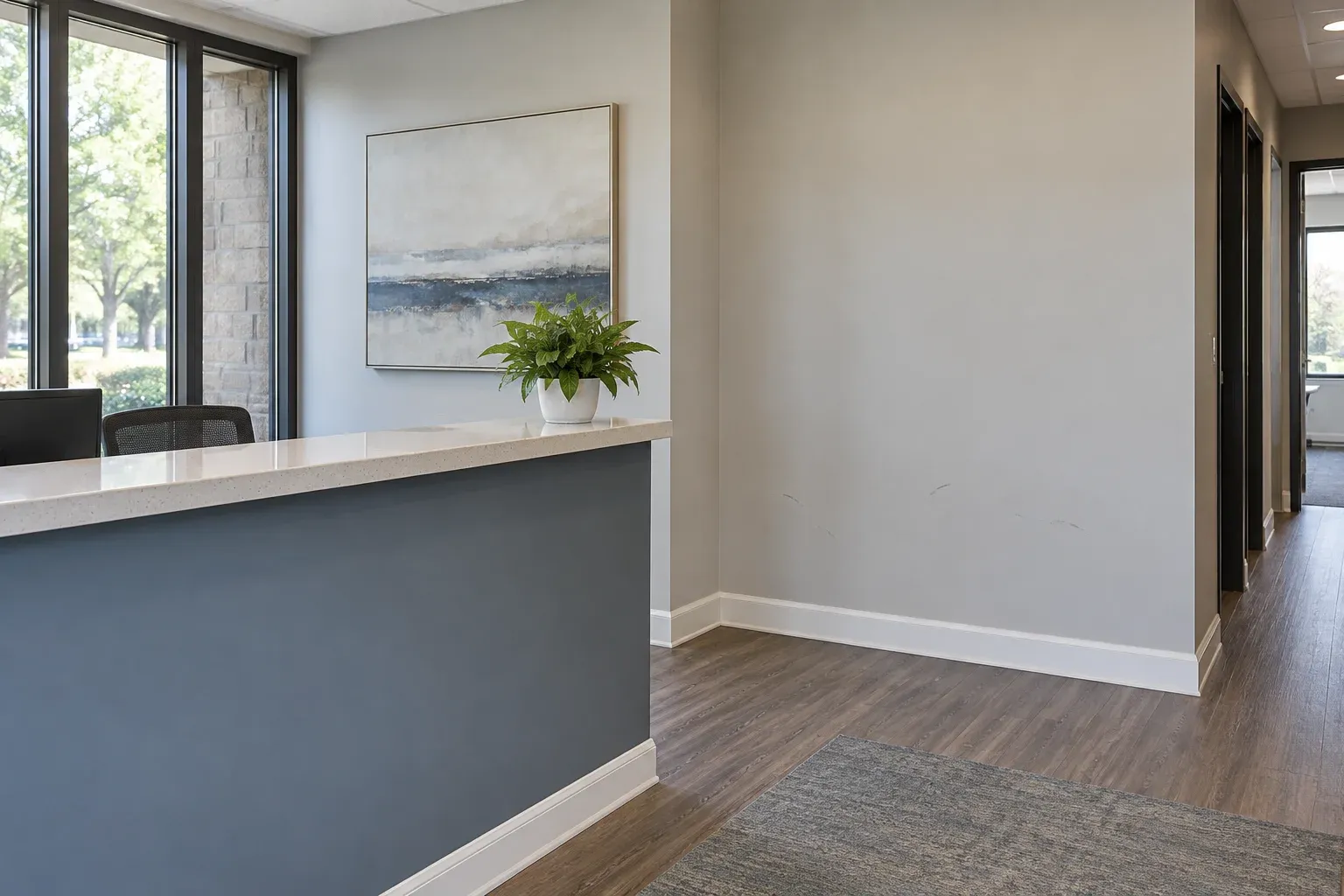 Commercial reception area with scuffed painted walls and natural stopping points at inside corners.