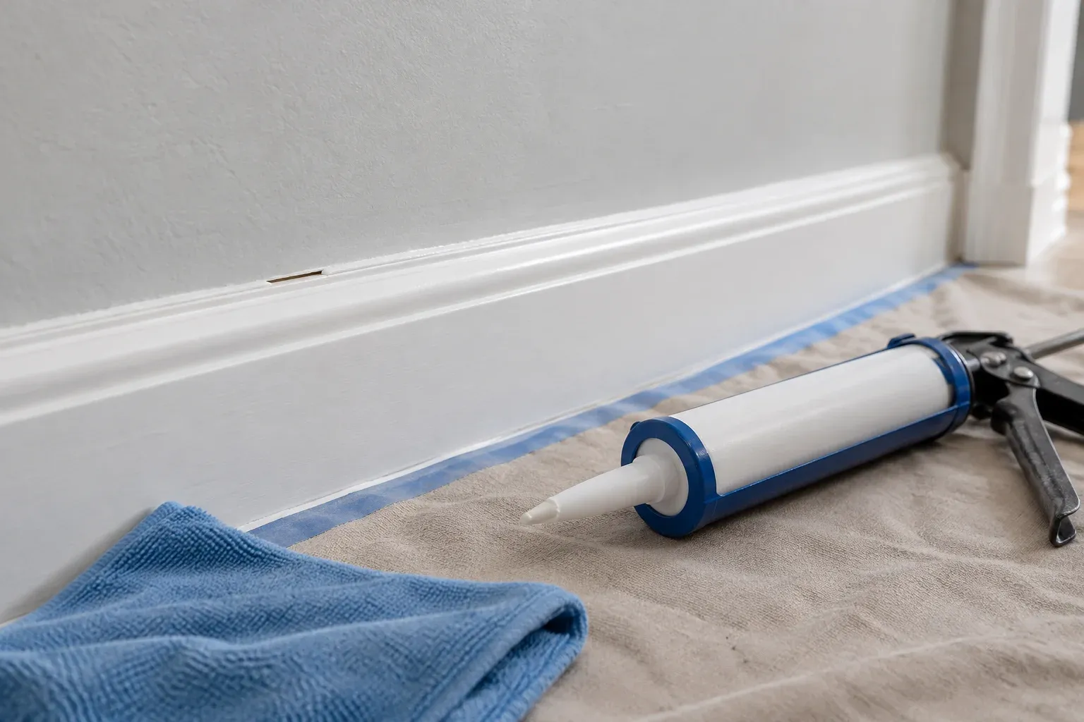 An isolated gap in an otherwise smooth baseboard caulk joint, with preparation tools nearby.