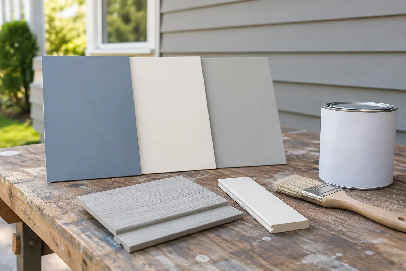 Illustrative siding and trim samples beside large exterior paint color boards.