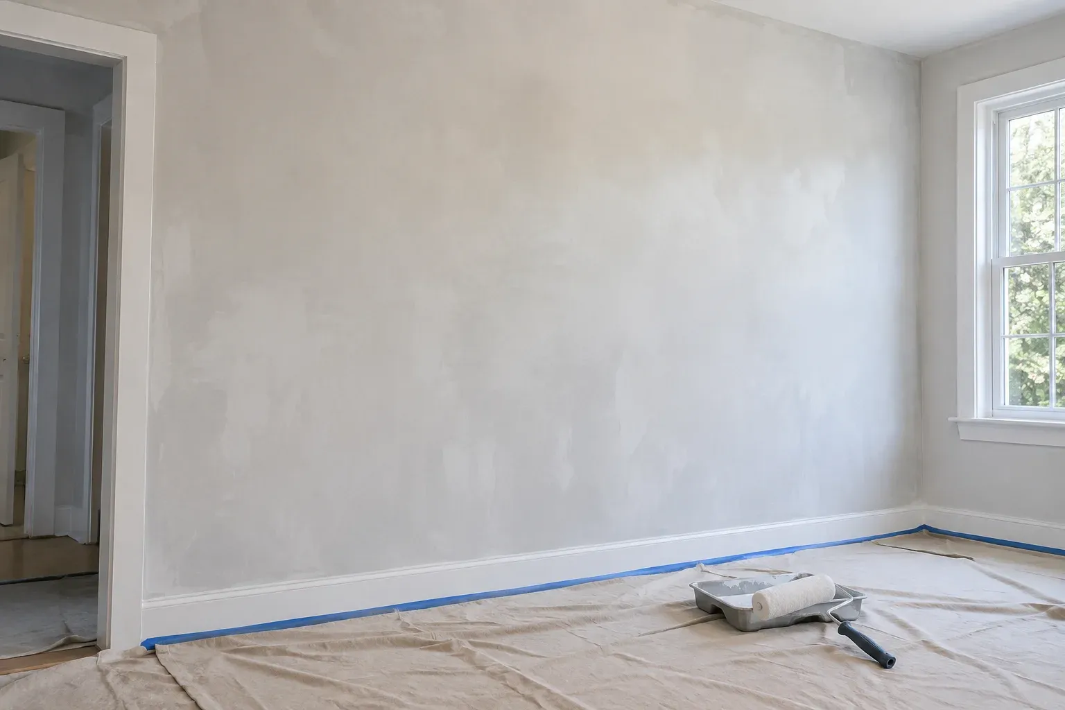 A broadly skim-coated wall with protected trim and painting tools ready for the next stage.