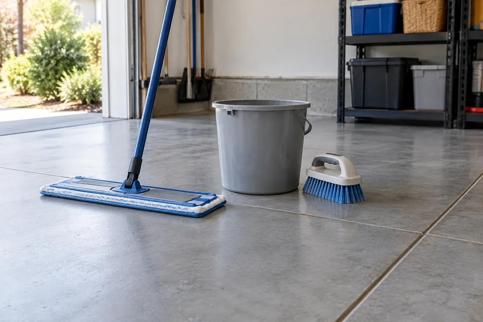 Microfiber mop, bucket and soft brush on an intact gray garage floor coating.
