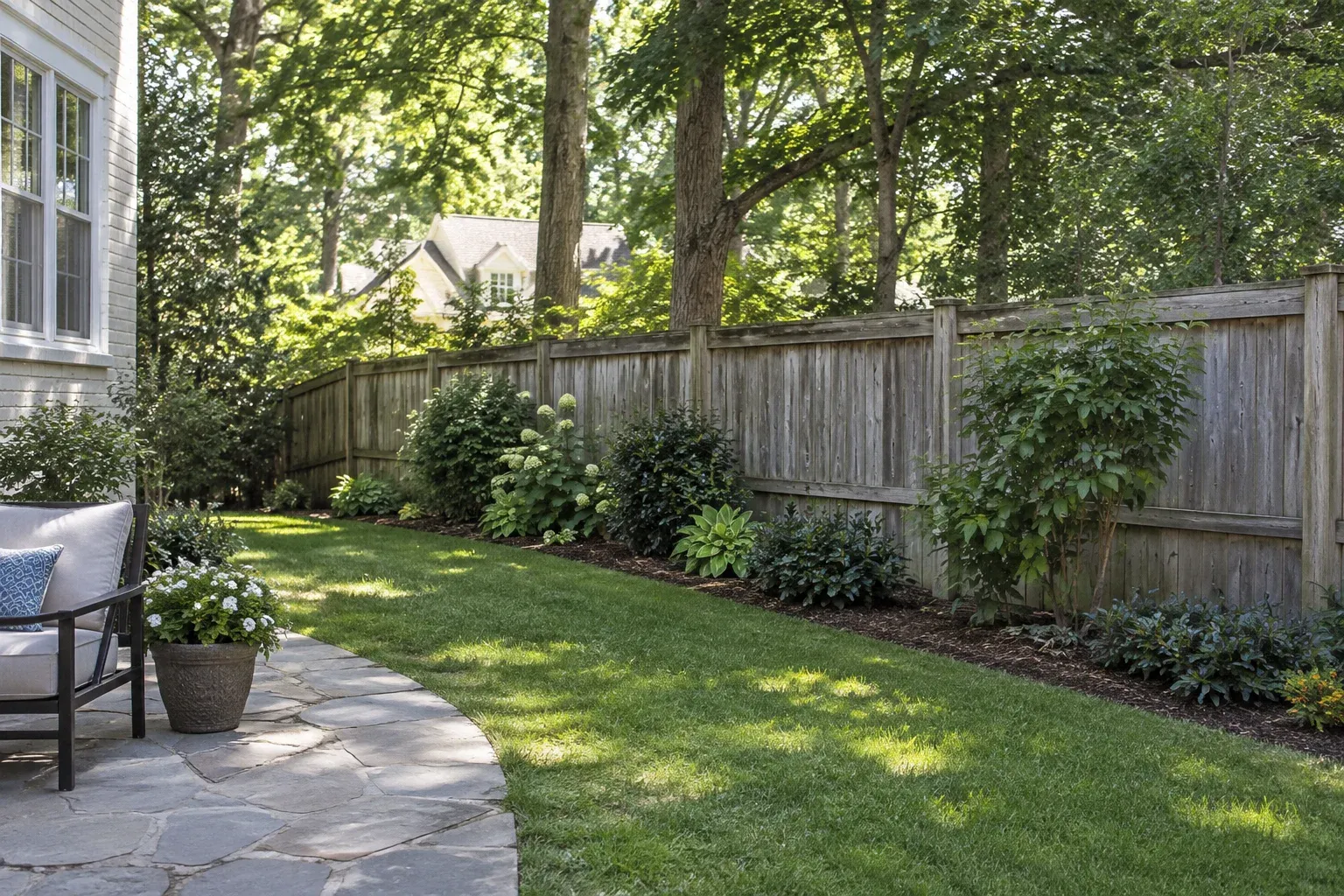 Weathered wood privacy fence bordering a maintained backyard with mature trees.