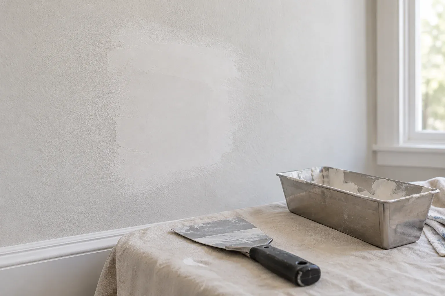 A feathered drywall patch meets the surrounding painted wall, with finishing tools nearby.