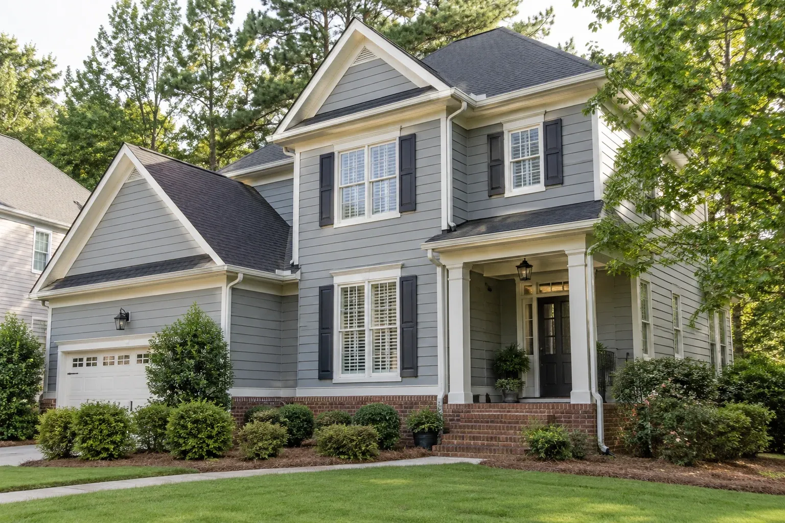 Illustrative home exterior with painted lap siding, white trim and mature landscaping.