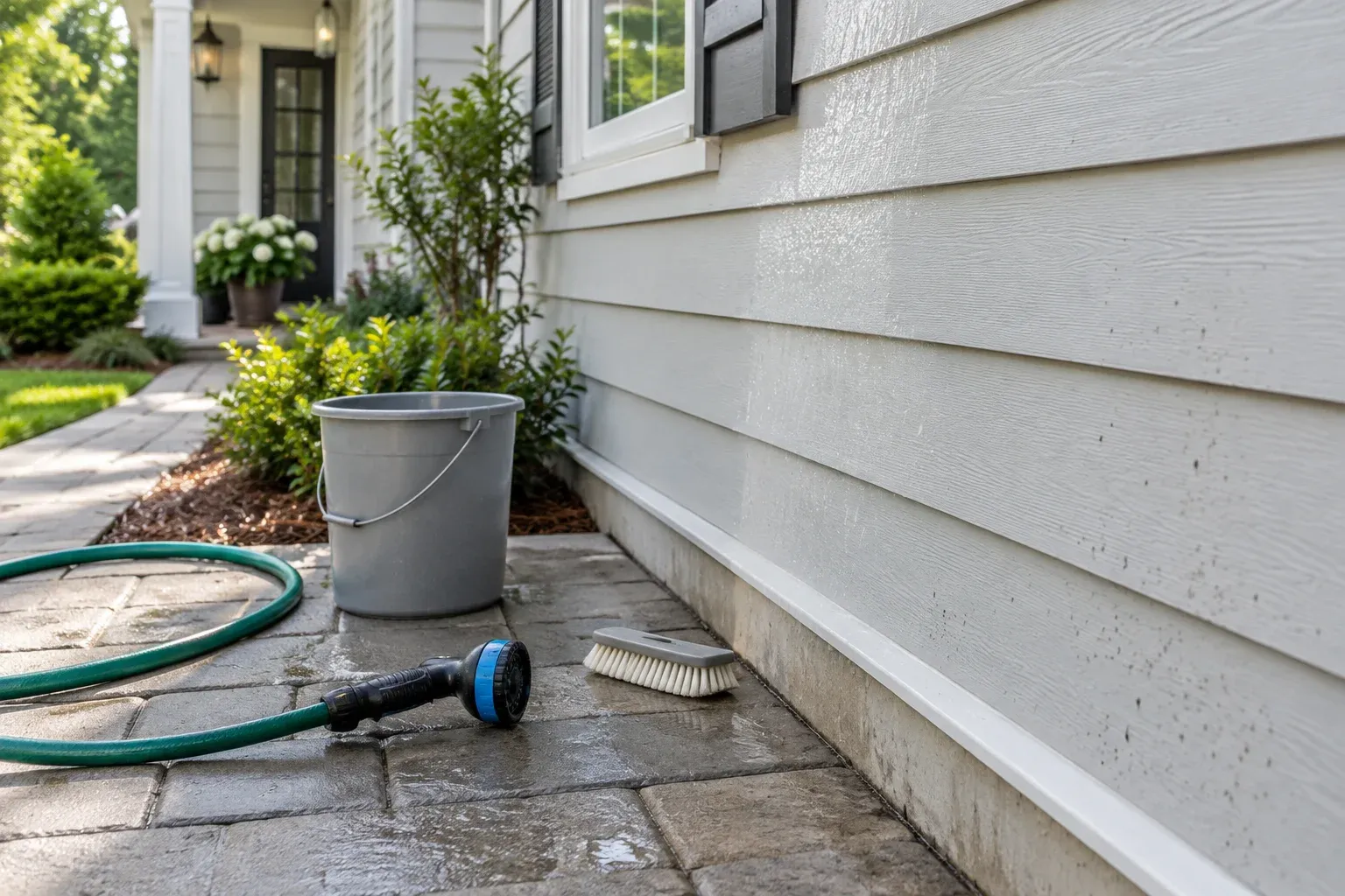 Garden hose, bucket and soft cleaning brush beside damp painted lap siding.
