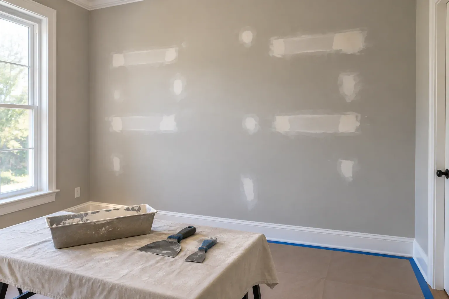 Illustrative home-office wall with feathered drywall patches across a former shelving area.