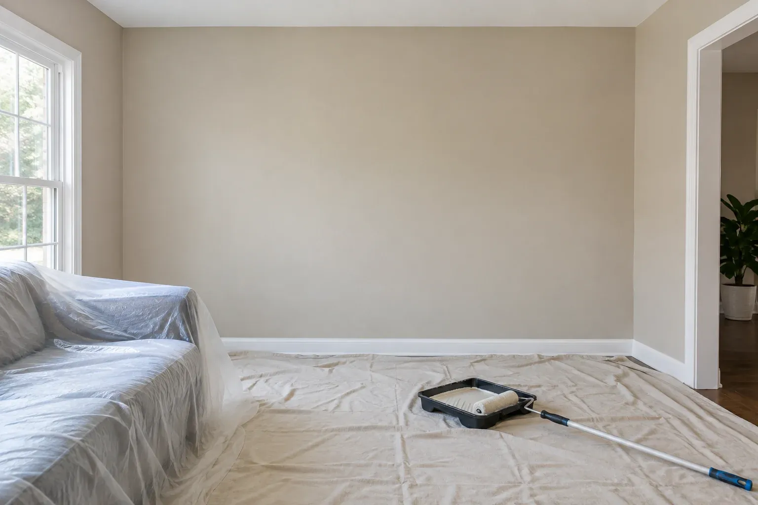 Room prepared for a full-wall repaint, with clear corner boundaries, protected furniture, and a roller tray.