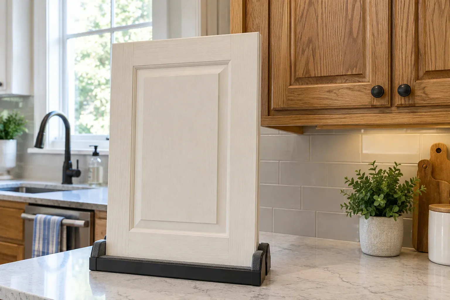 A painted cabinet sample door positioned upright beside kitchen cabinetry and a stone countertop.