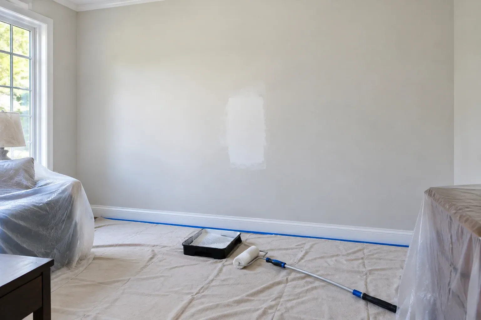 Illustrative room prepared for wall repainting, with a primed repair and roller equipment.