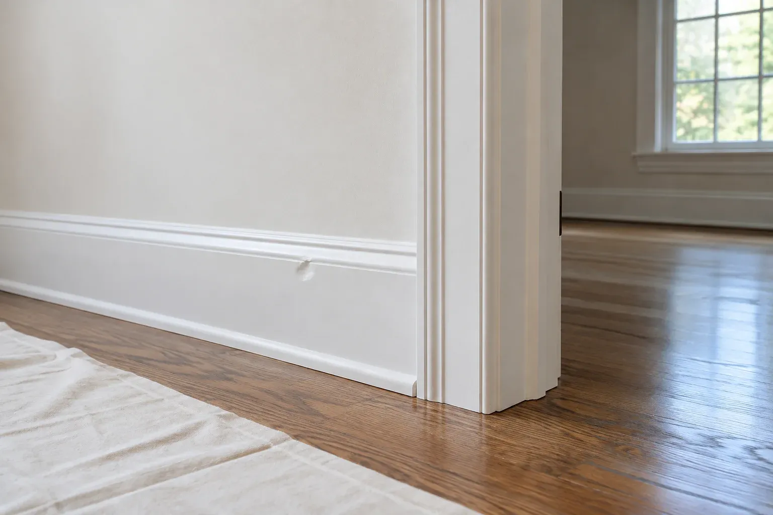 Painted wood baseboard and door casing with localized wear before repair and repainting.