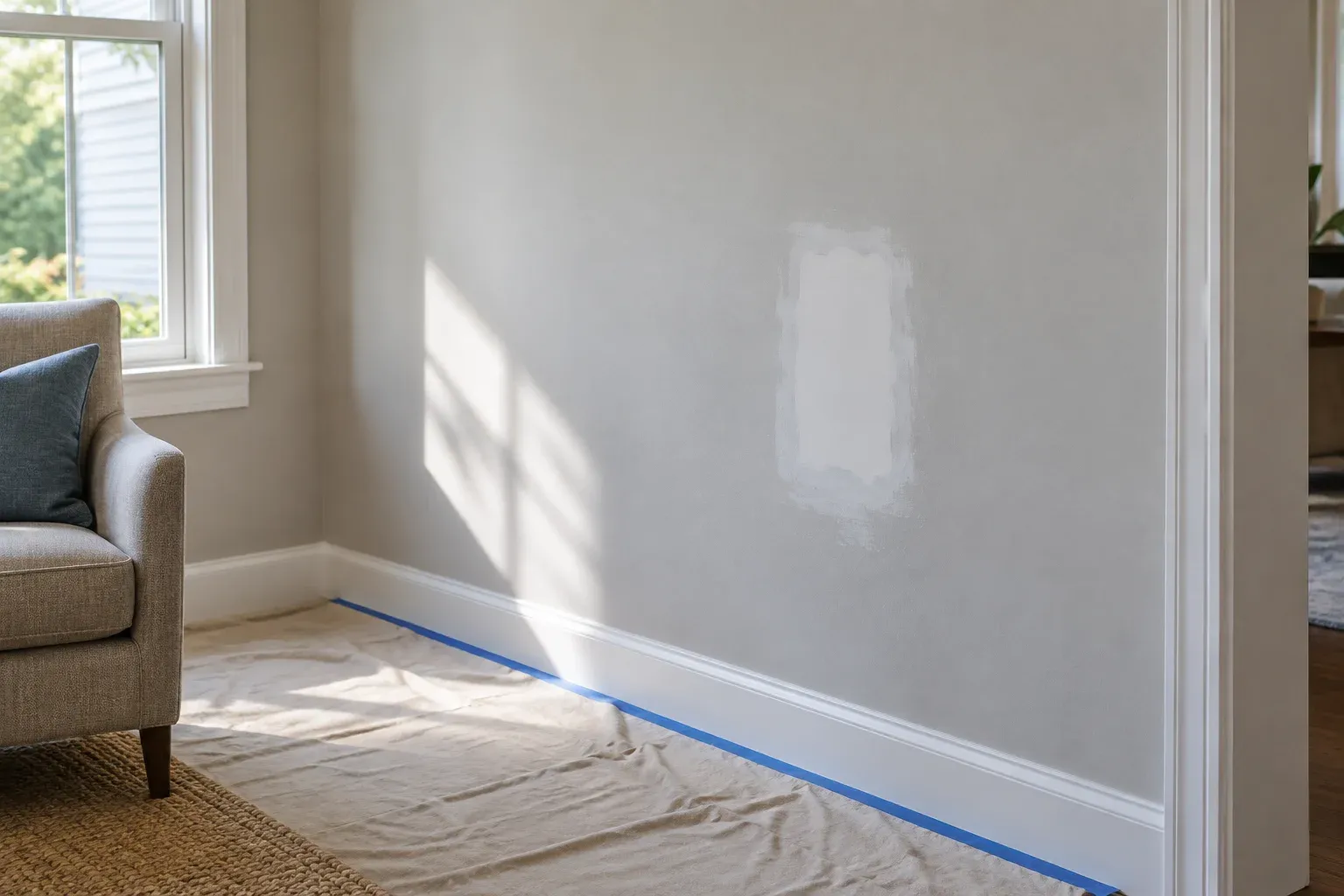 Illustrative living room with a drywall patch visible on a wall in side lighting.