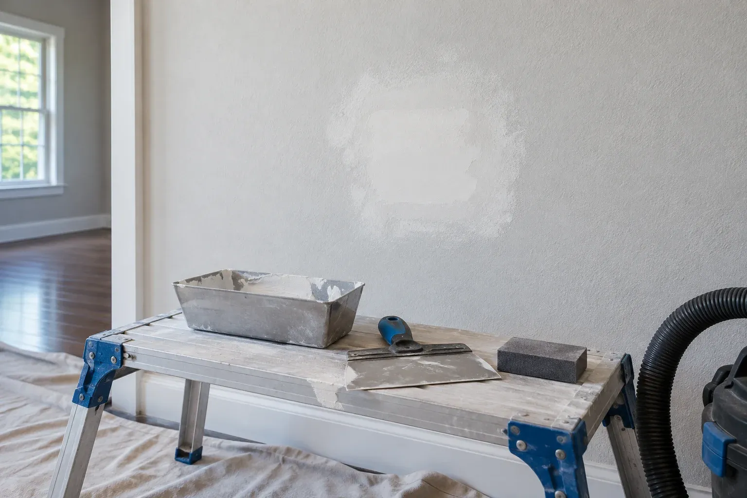 Illustrative wall patch preparation area with a finishing knife, mud pan and sanding sponge.