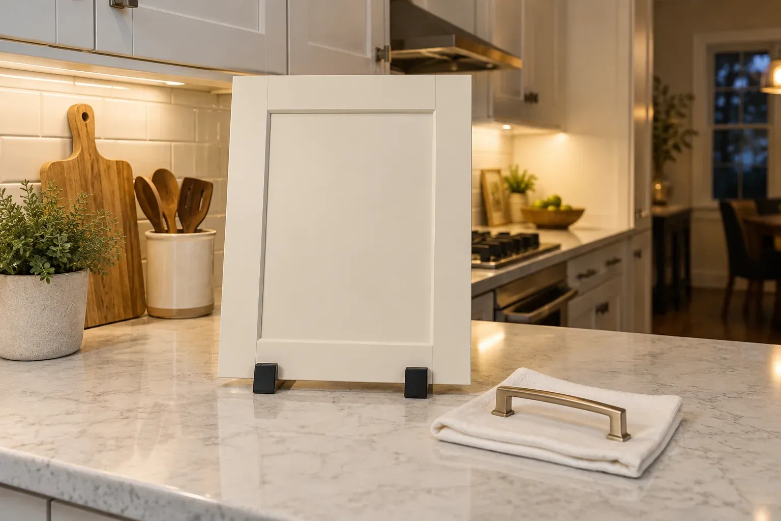 A cabinet sample door viewed beside a backsplash under warm under-cabinet lighting.