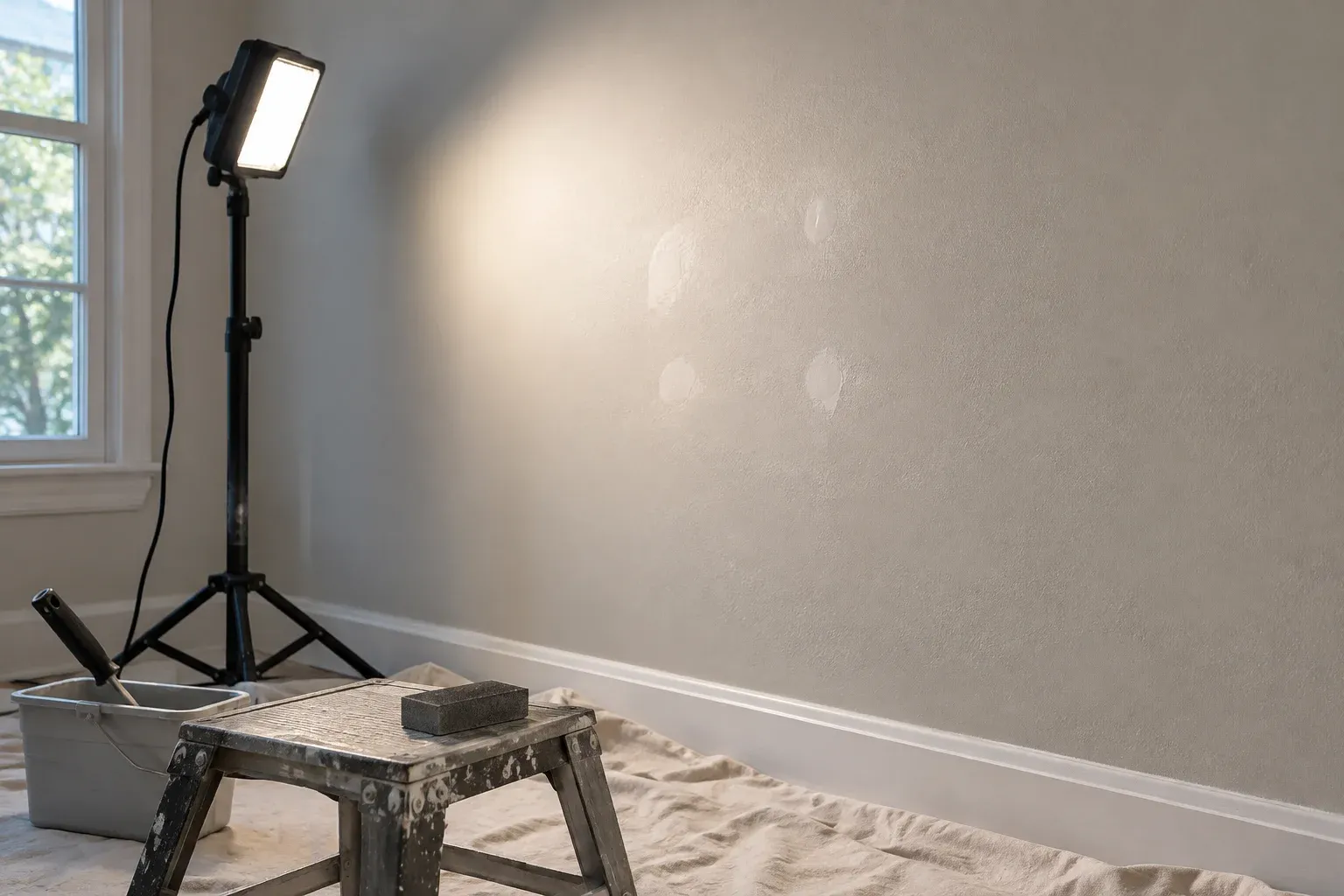 Illustrative inspection setup with side lighting across filled shelf holes and surrounding wall texture.