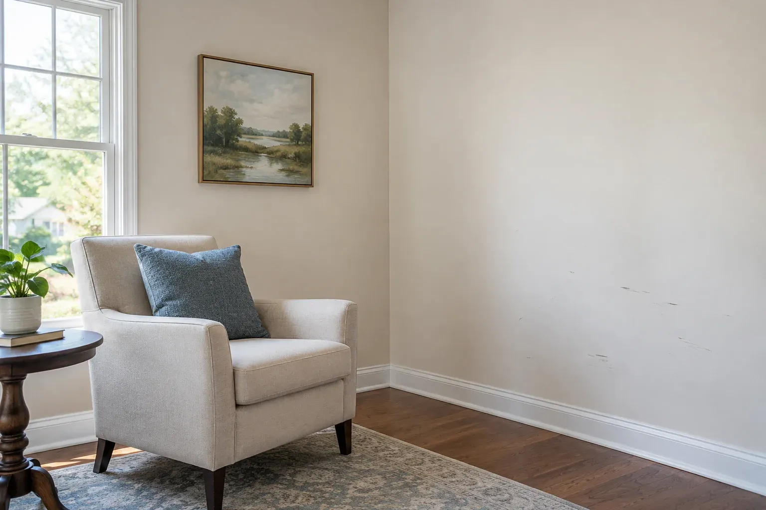 Living room with small wall scuffs, adjoining painted walls, and daylight from a side window.