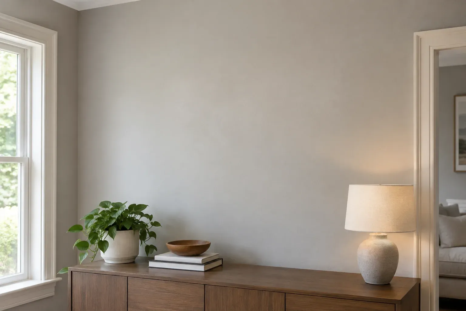 Illustrative room with window light crossing a warm-gray painted wall above a wooden console, revealing a faint variation in sheen.