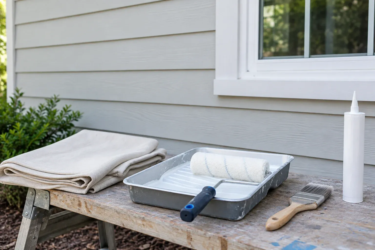 Illustrative painting tools arranged beside installed siding and window trim.