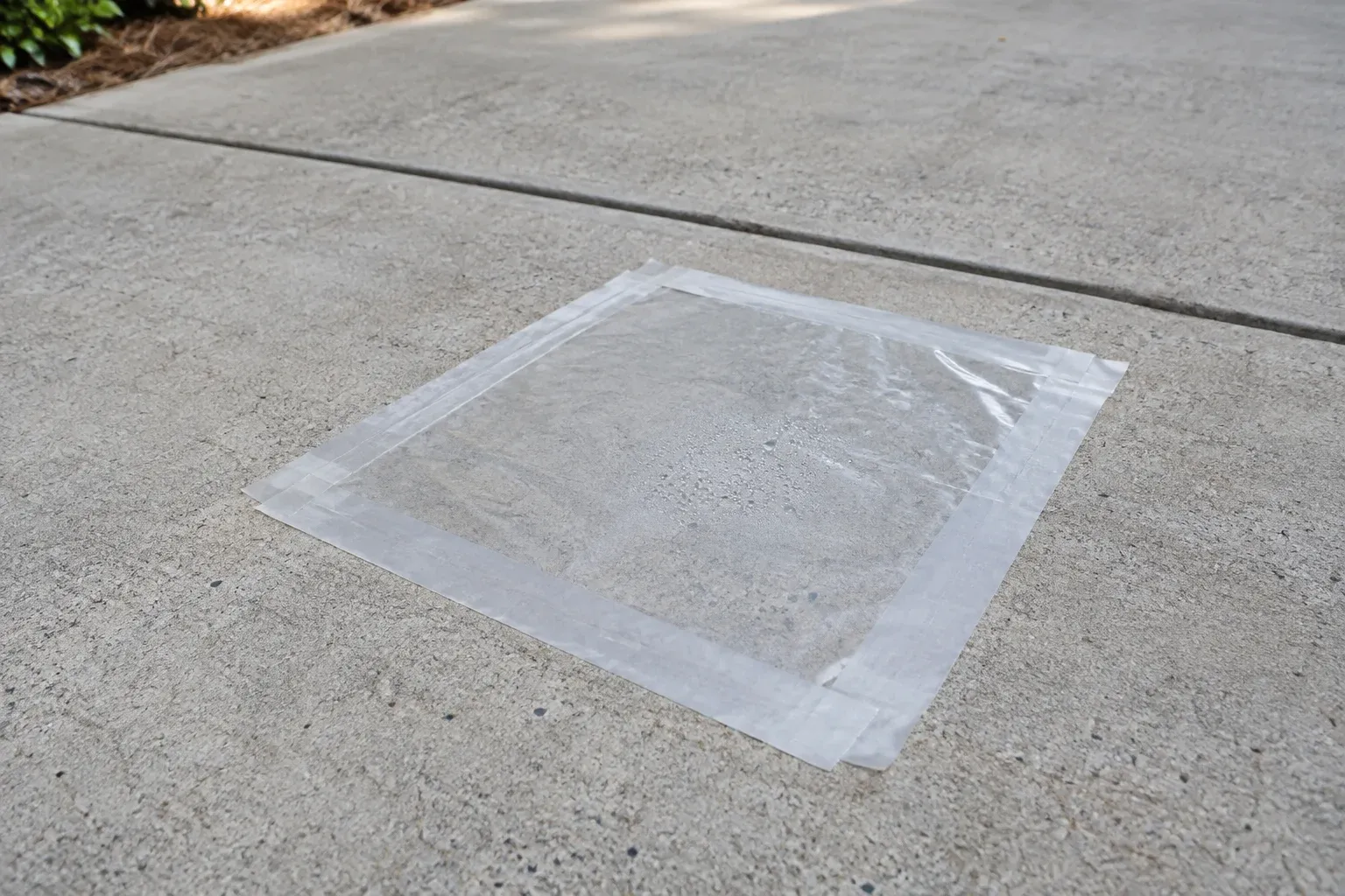 Transparent plastic sheet sealed along all four edges on bare driveway concrete for moisture assessment.
