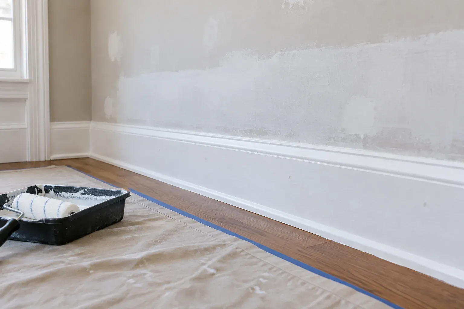 Illustrative continuous baseboard and primed wall area prepared for repainting after cabinet removal.