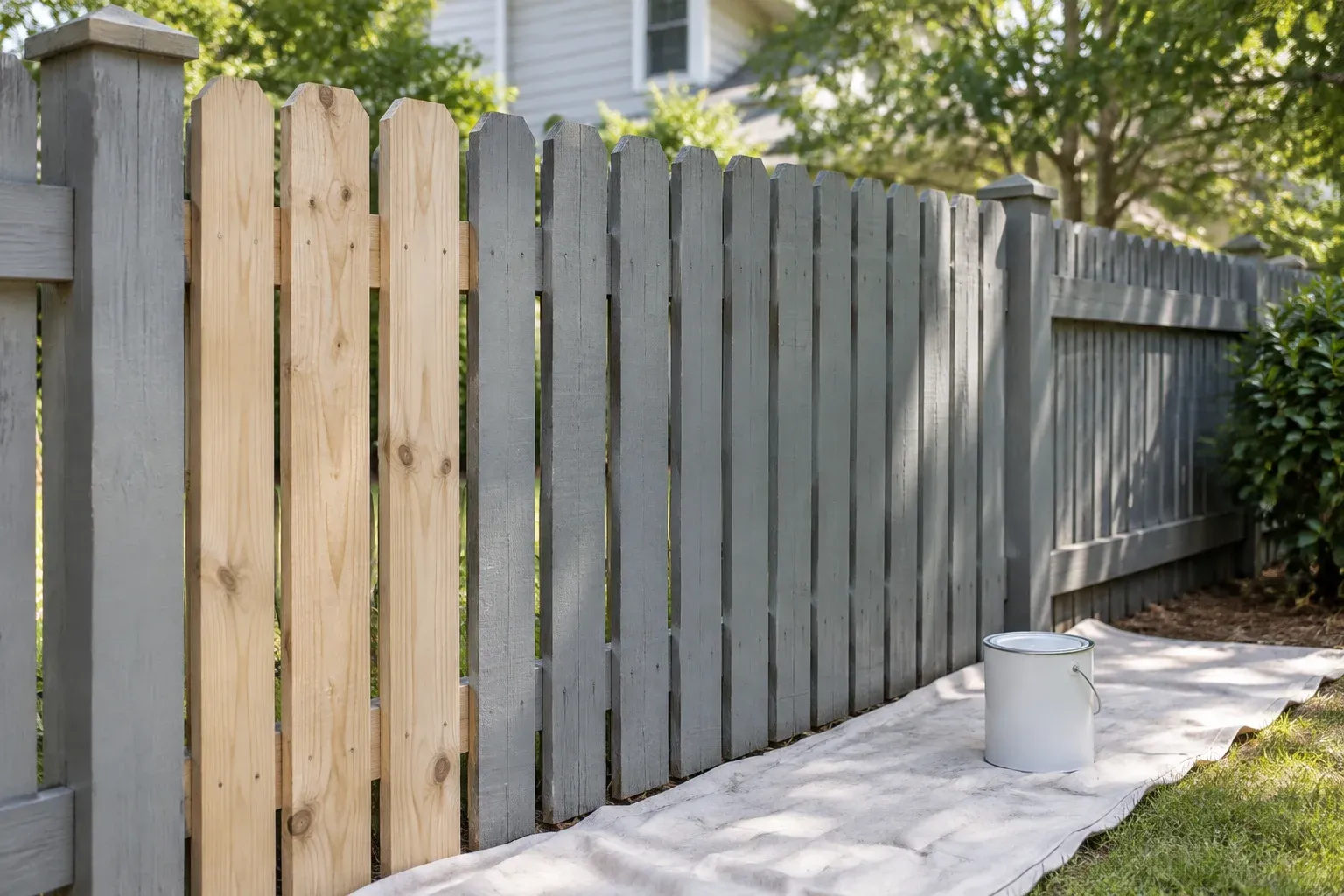 Illustrative fence prepared for a painting assessment, with new and previously painted pickets.