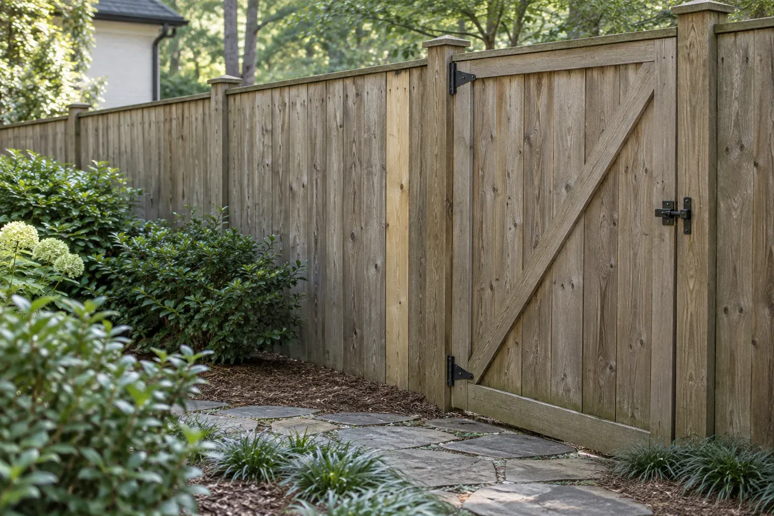 Clean aged fence boards with natural color variation and a lighter replacement board beside a gate.