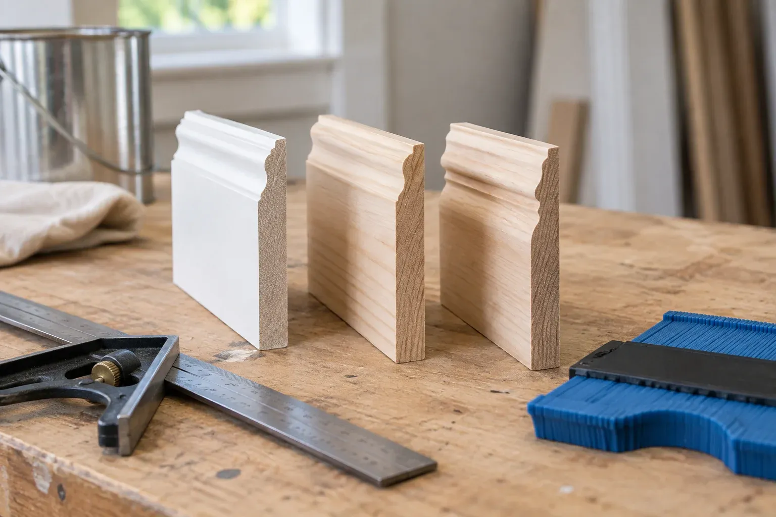 Wood baseboard samples compared for matching height, thickness and molding contours.