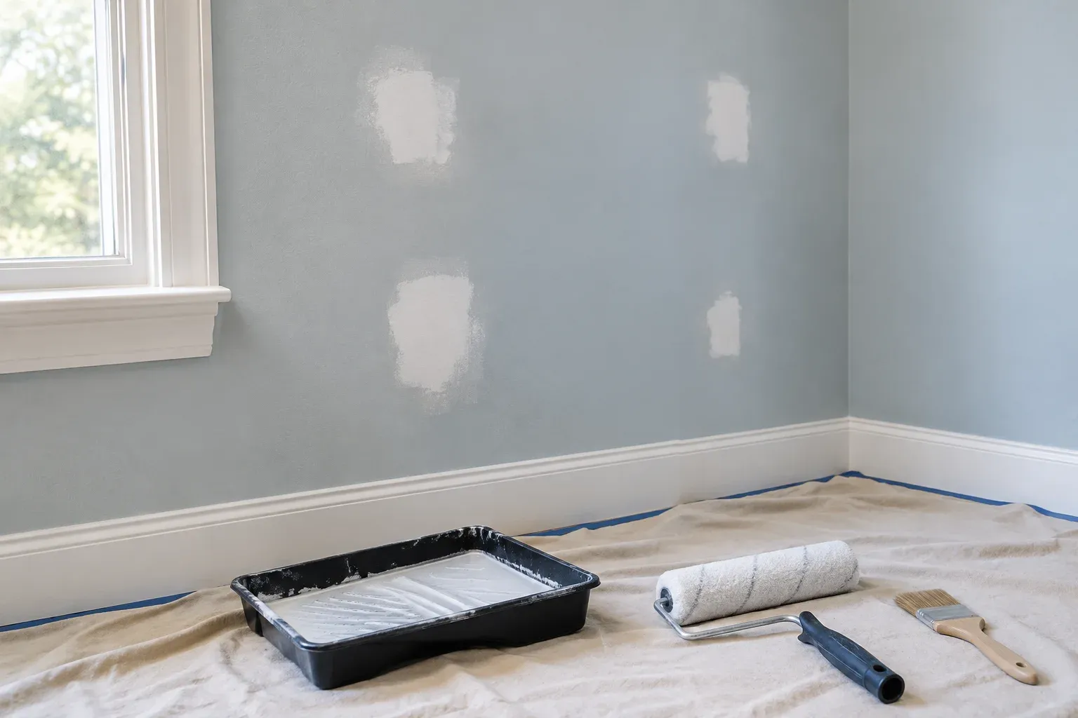 Illustrative wall with primed hole repairs and painting tools on a protected floor.