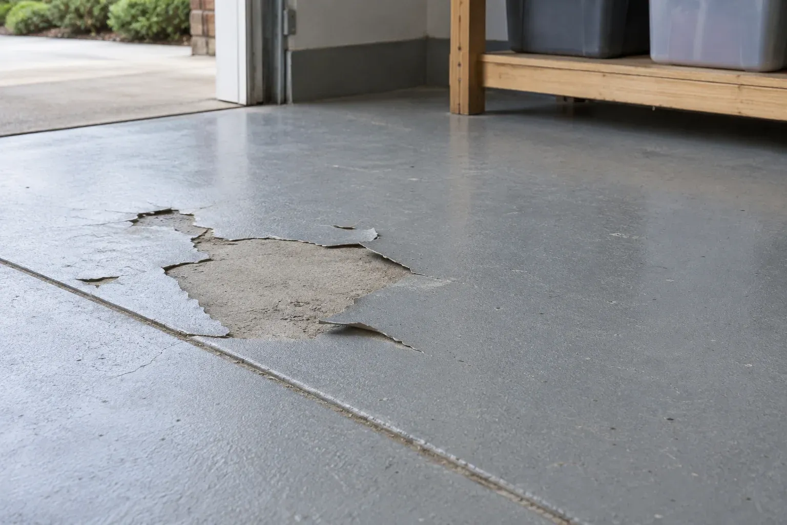 Small patch of exposed concrete with lifting gray coating edges beside an intact garage floor finish.