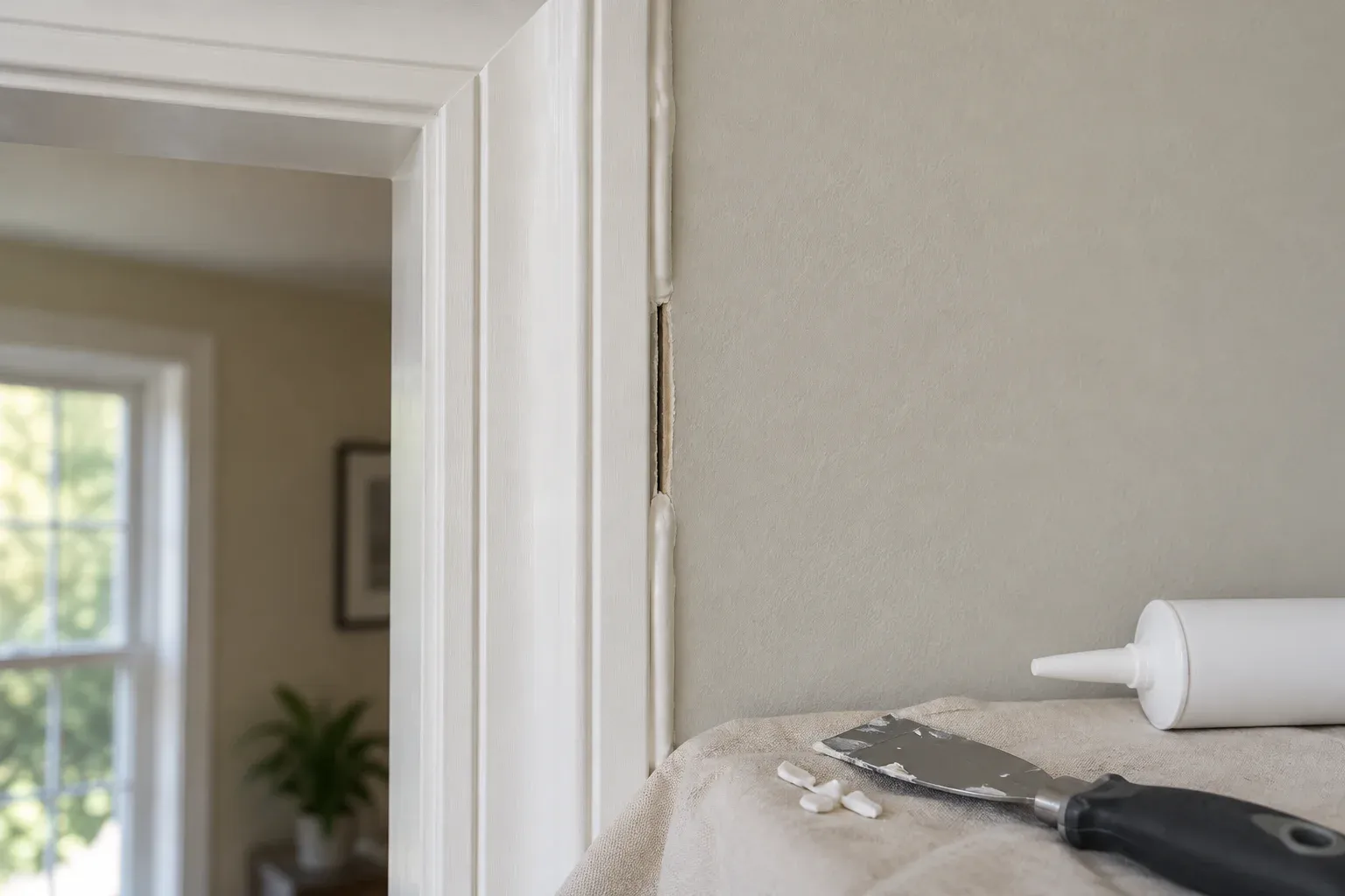 Door casing with a short section of old bulky caulk removed to expose the trim-to-wall seam.